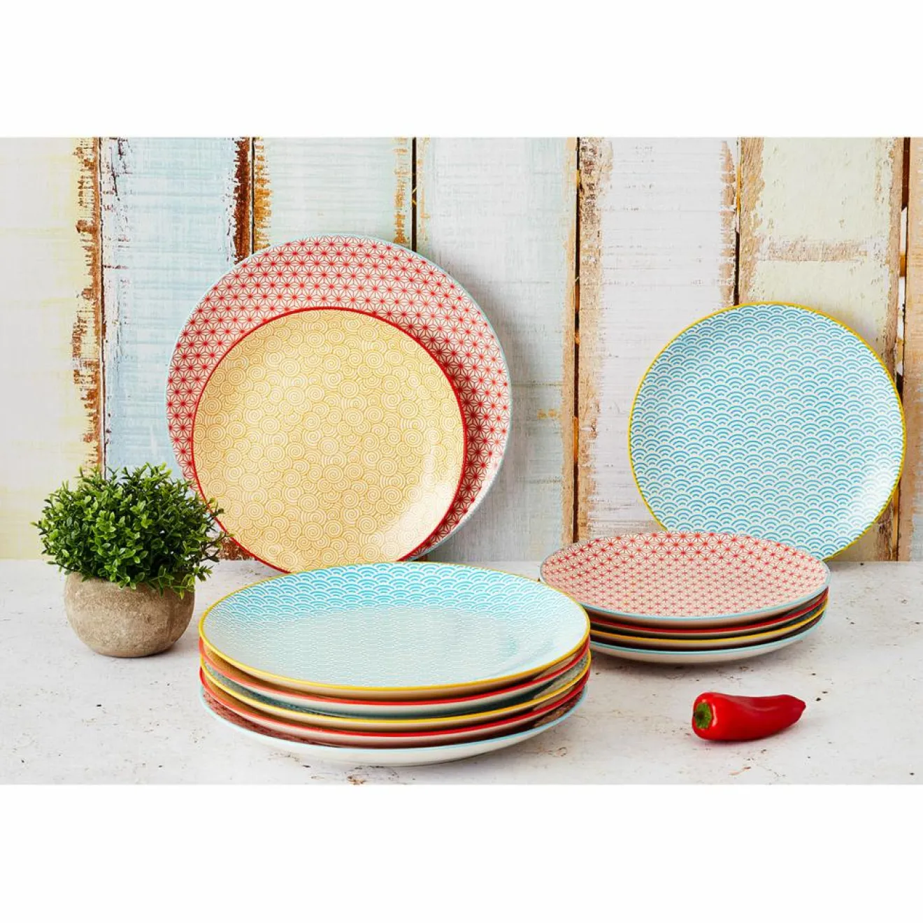 Bjorn 6 Assiettes plates Pattern Color bleu clair/rouge/jaune - D.26 cm