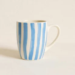 Novastyl 6 Mugs Corfu 38Cl EnGrès Blanc Avec DesRayures Bleues