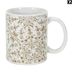Best Home Deco Factory 2 Mugs motif faïence blanc/taupe - 12.5x9.2x8 cm