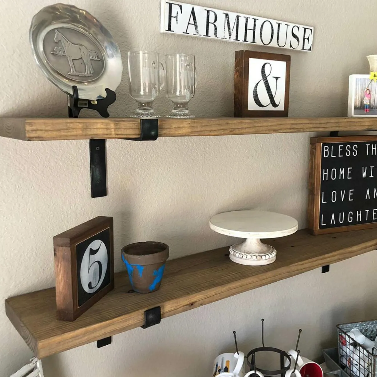 Wooden Art 2 Étagères murales noyer noires - 60x16x14 cm