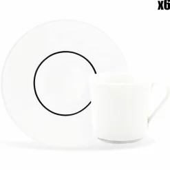 Fauchon 6 Tasses à café + soucoupes en Porcelaine Ligne blanches - 70ml