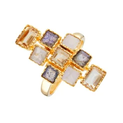 Hot Moonstone Bague Maya Labradorite grise & Pierre de lune en laiton doré