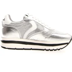 Femme Voile Blanche Baskets en Cuir May argentées - Talon 4 cm