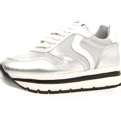 Femme Voile Blanche Baskets en Cuir May argentées - Talon 4 cm