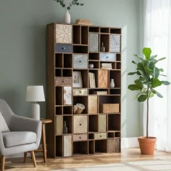 Bois & Chiffons Bibliothèque multi-matériaux peau de vache bois sculpté Naturel - 115x30x200 cm