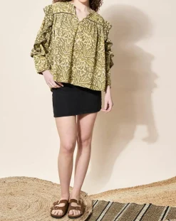Femme Louizon Blouse 100% Coton Bio Damud imprimée kaki