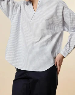 Femme Chloé Stora Blouse ample en Coton Couronne rayée bleu ciel