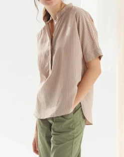 Femme Chloé Stora Blouse Bianca fines rayures beige