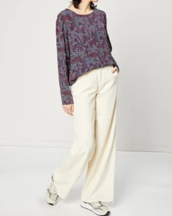 Femme Esprit Blouse fluide à manches bouffantes motifs prune/bleu