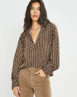 Femme Lauren Vidal Blouse fluide Store imprimée forest kaki/marron