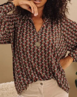 Femme Lauren Vidal Blouse fluide Store imprimée forest kaki/marron