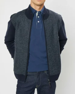 Homme Hackett London Blouson 100% Laine Tricot imprimé Prince de Galles bleu marine