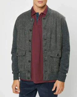 Outlet Hackett London Blouson 100% Laine Tricot imprimé pied-de-poule gris/marron