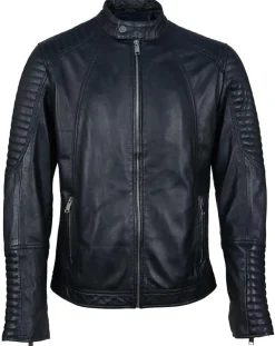 Online Blue Wellford Blouson Biker en Cuir Juda bleu marine