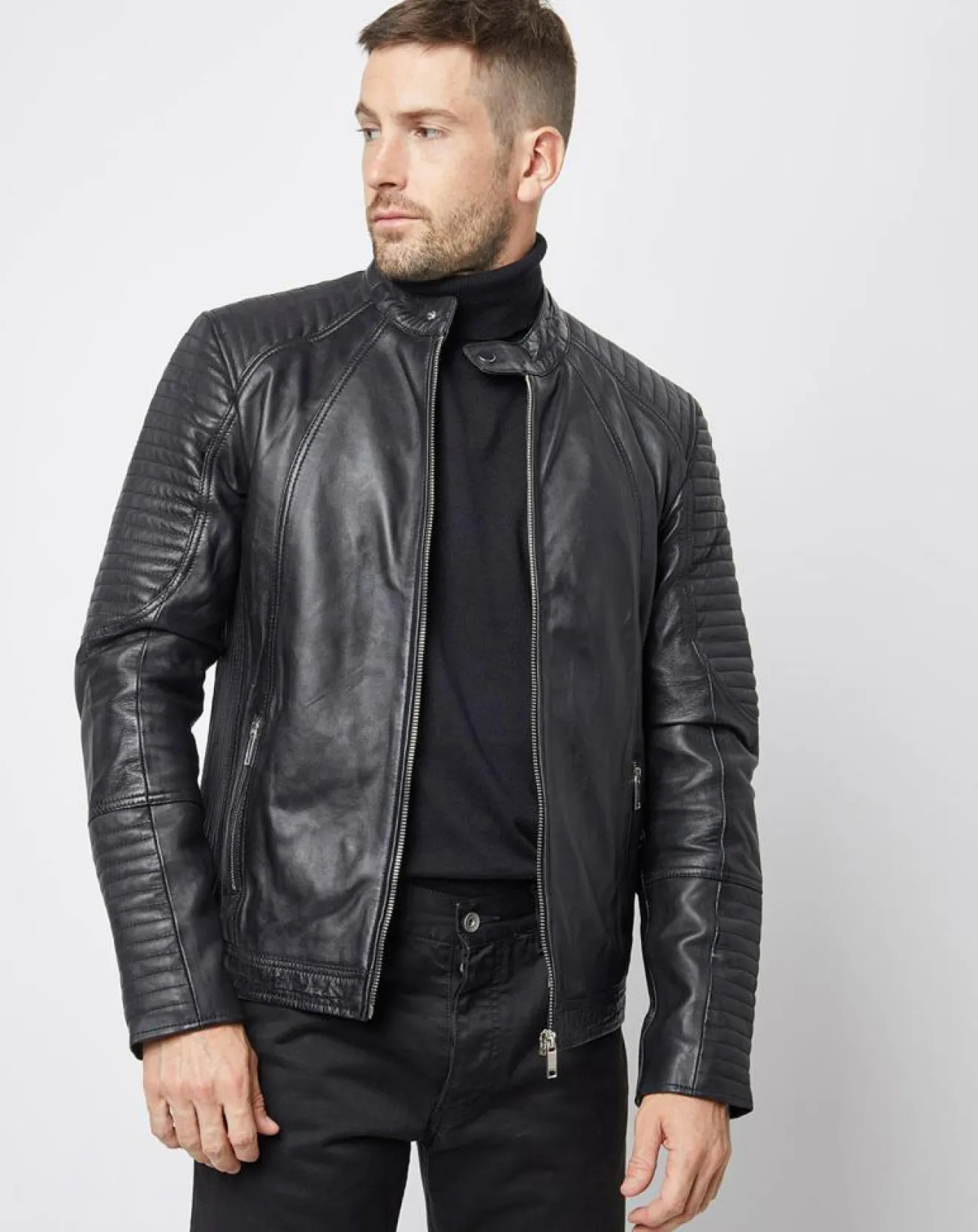 Homme Blue Wellford Blouson Biker en Cuir Juda noir