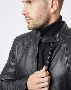 Homme Blue Wellford Blouson Biker en Cuir Juda noir