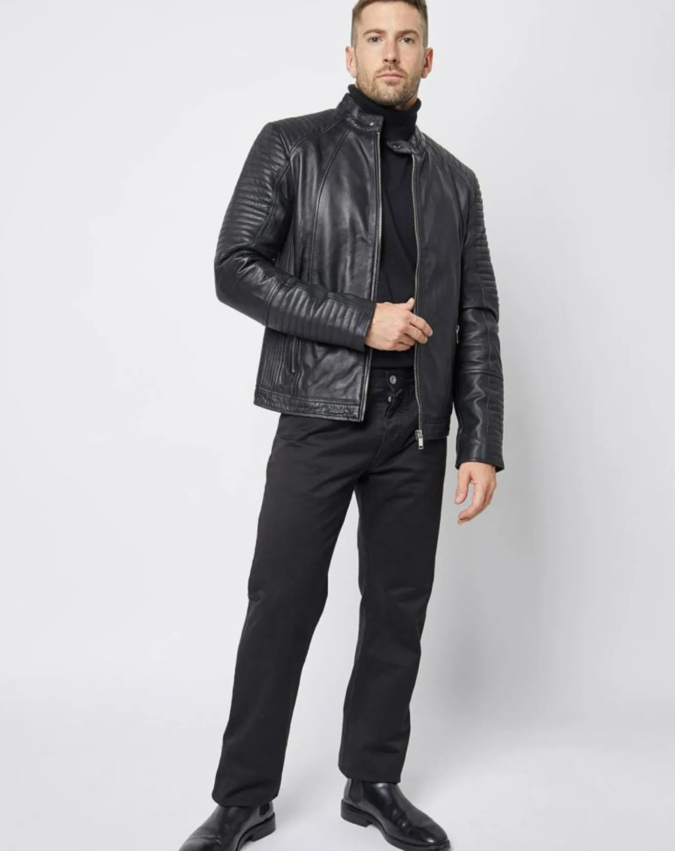 Homme Blue Wellford Blouson Biker en Cuir Juda noir