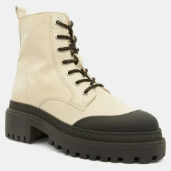 Femme Galeries Lafayette Boots en Cuir à lacets contrastées beiges - Talon 4,5 cm