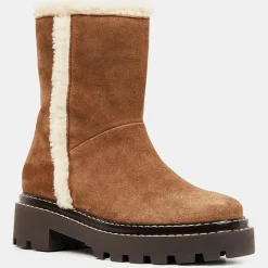 Clearance Galeries Lafayette Boots en Velours de Cuir fourrée camel - Talon 5 cm