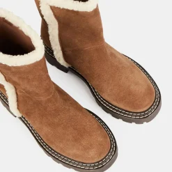 Clearance Galeries Lafayette Boots en Velours de Cuir fourrée camel - Talon 5 cm