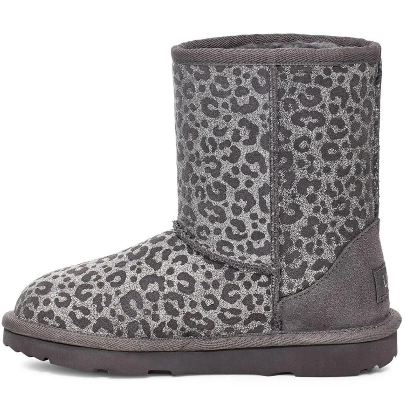 Enfant Ugg Boots fourrées Laine en Velours de Cuir Classic II Glitter Léopard grises