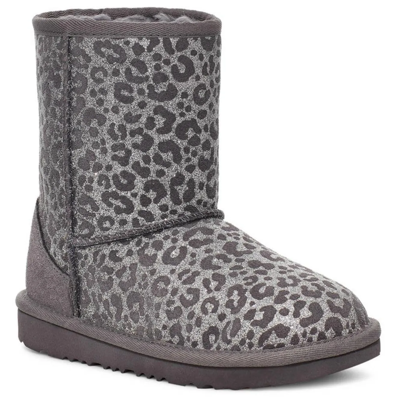 Enfant Ugg Boots fourrées Laine en Velours de Cuir Classic II Glitter Léopard grises
