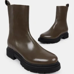 Discount Galeries Lafayette Boots Pendra en Cuir lisse vert kaki