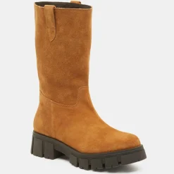 Galeries Lafayette Bottes en Cuir semelle épaisse camel - Talon 4 cm