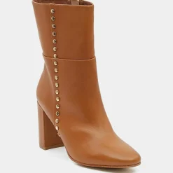 Femme Galeries Lafayette Bottines en Cuir à talon haut et clous camel - Talon 9 cm