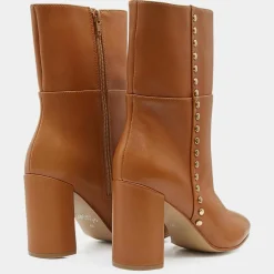 Femme Galeries Lafayette Bottines en Cuir à talon haut et clous camel - Talon 9 cm