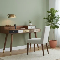 Bois & Chiffons Bureau multi-matériaux peau de vache bois sculpté Naturel - 130x45x88 cm