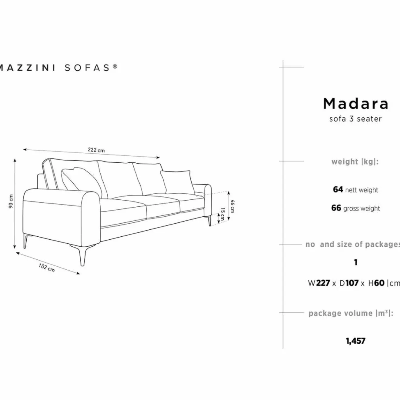 Mazzini Sofas Canapé 3 places velours madara beige - 222x102x90 cm