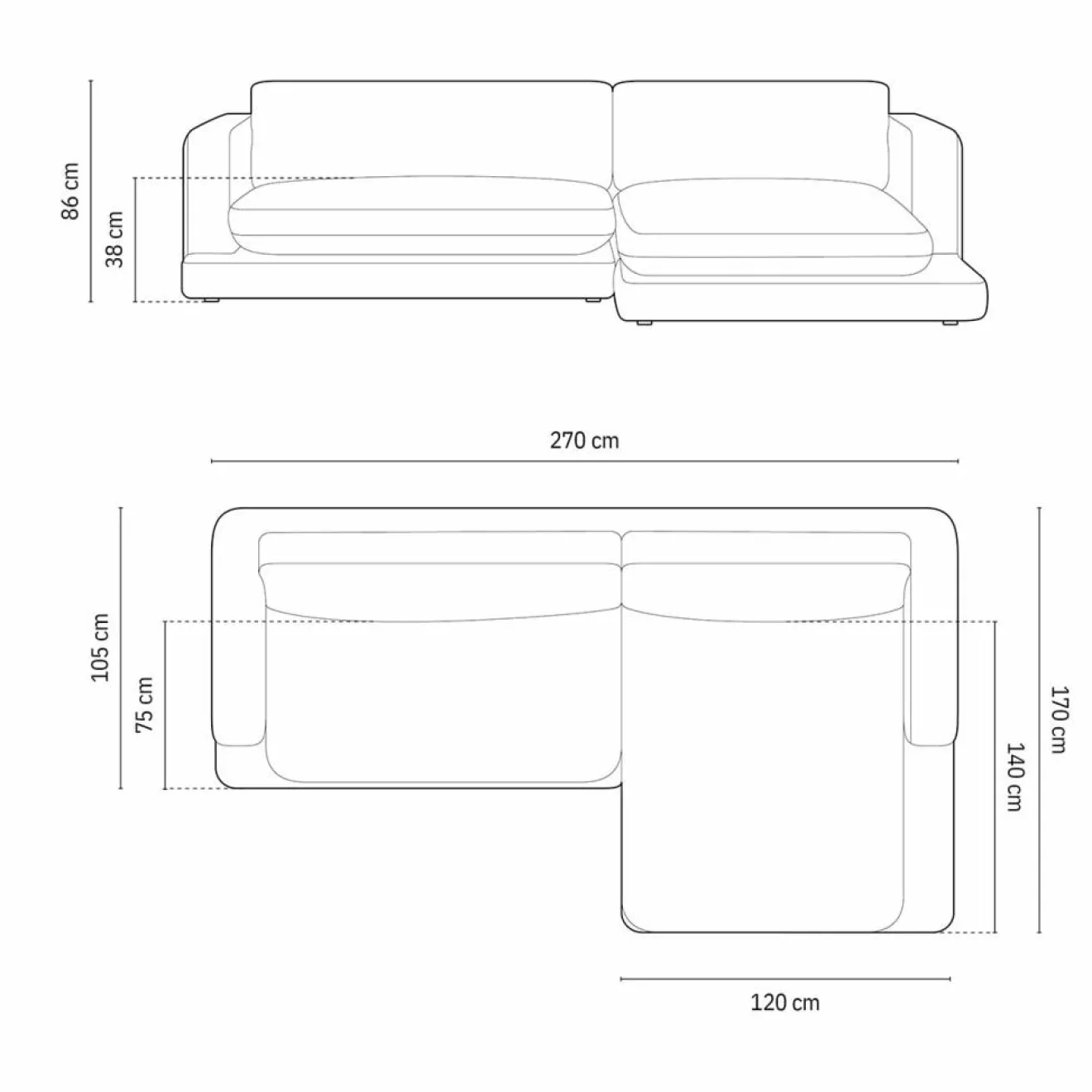 Mazzini Sofas Canapé d'angle droit Daphne 4 Places Gris chaud - 270x170x86 cm