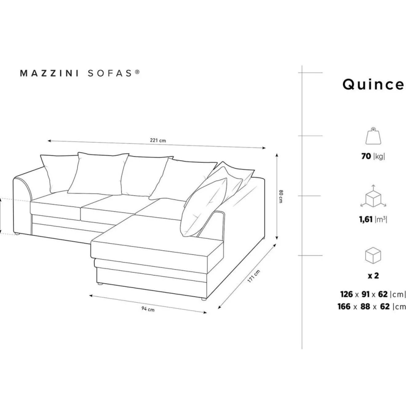 Mazzini Sofas Canapé d'angle droit Quince 4 Places gris foncé - 221x171x80 cm