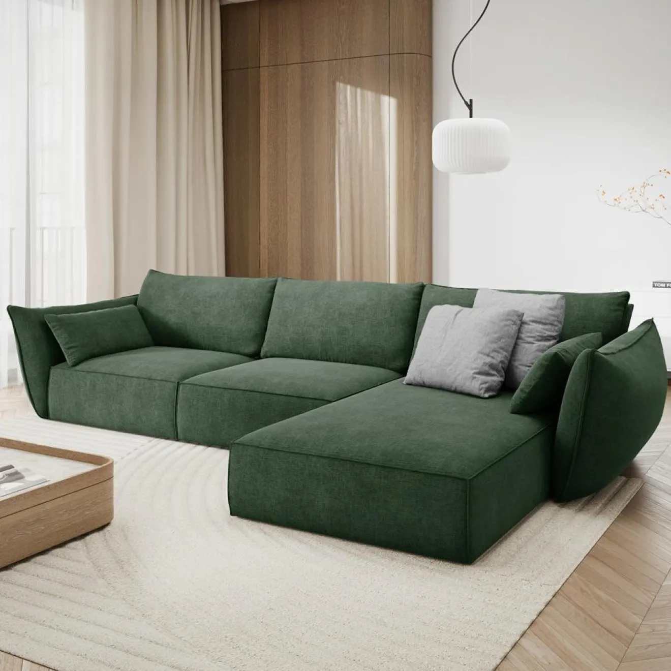 Mazzini Sofas Canapé D'Angle Droit Vanda 5 Places 2 vert bouteille - 208x166x85 cm