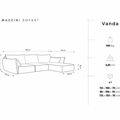 Mazzini Sofas Canapé D'Angle Droit Vanda 5 Places 2 bleu roi - 208x166x85 cm