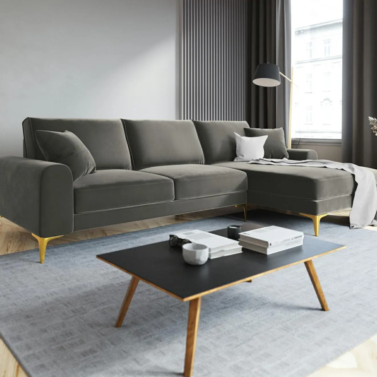 Clearance Mazzini Sofas Canapé d'angle droit velours madara gris - 254x182x90 cm