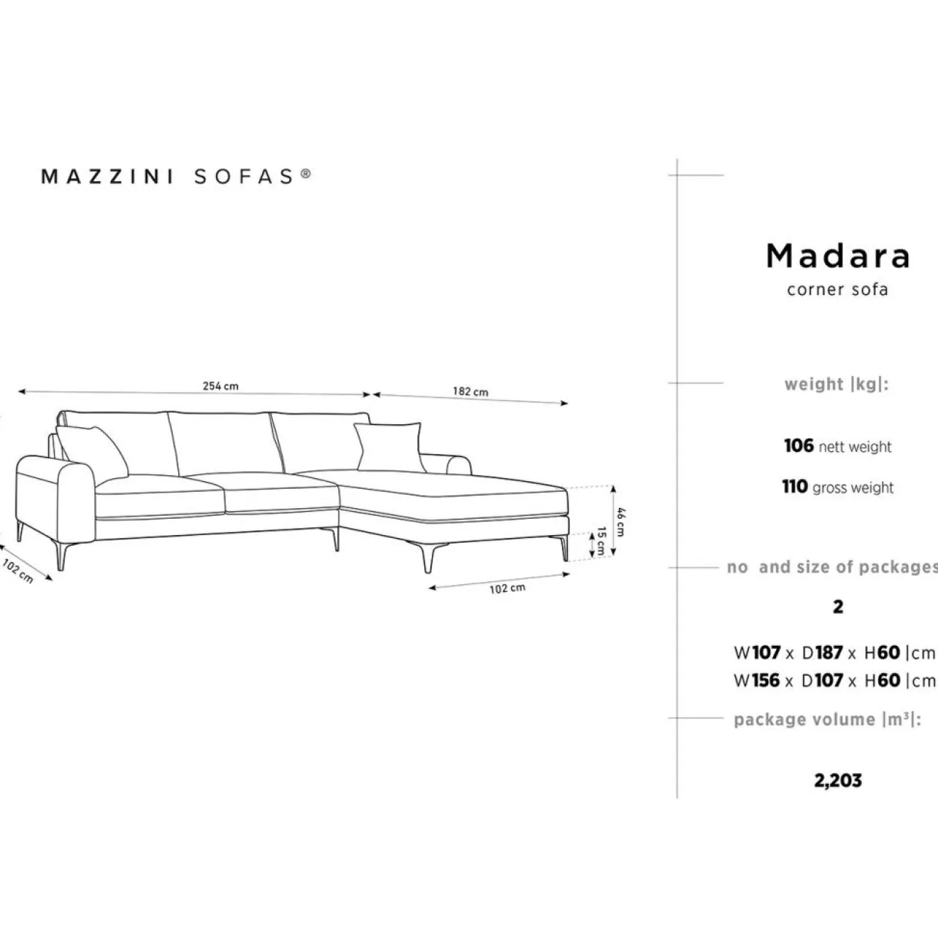 Discount Mazzini Sofas Canapé d'angle droit velours madara beige - 254x182x90 cm