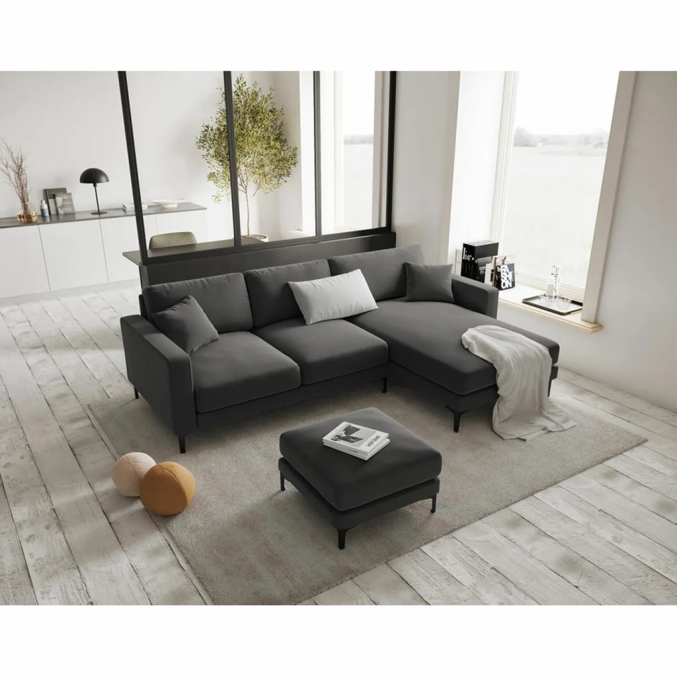 Mazzini Sofas Canapé d'angle Droit Velours Venus 4 Places gris - 248x160x90 cm