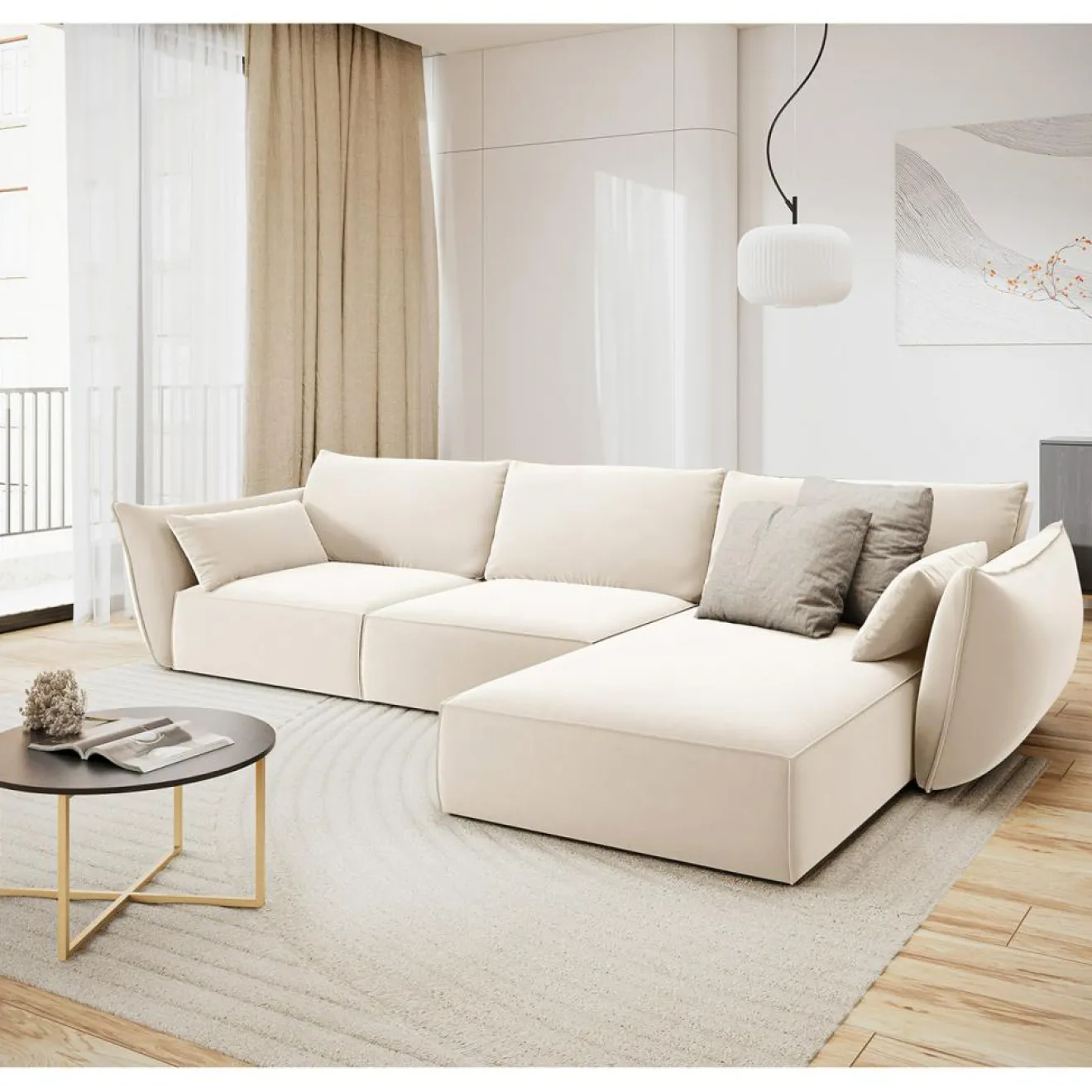 Clearance Mazzini Sofas Canapé d'angle droit Velours Vanda 4 Places beige clair - 300x166x85 cm