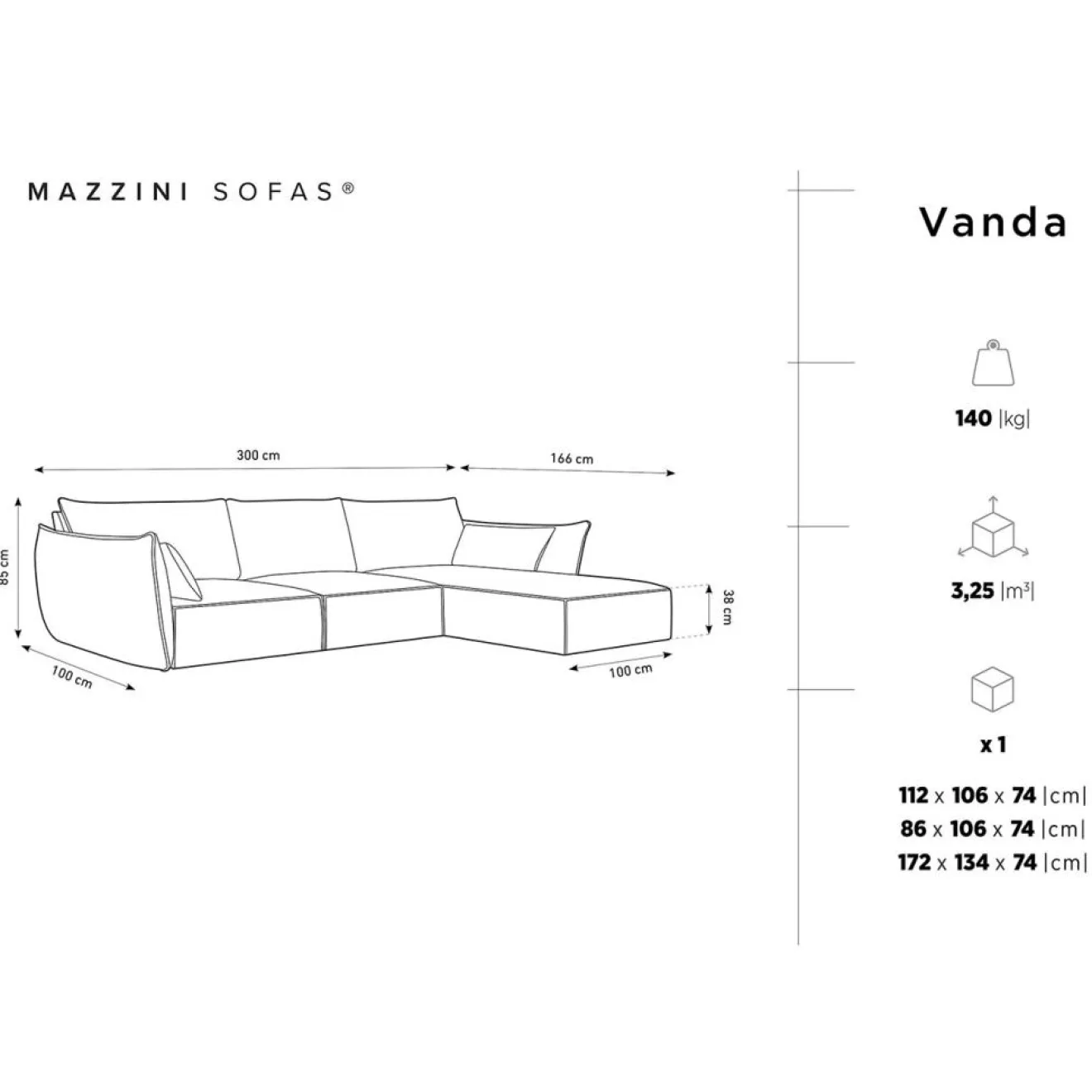 Clearance Mazzini Sofas Canapé d'angle droit Velours Vanda 4 Places beige clair - 300x166x85 cm