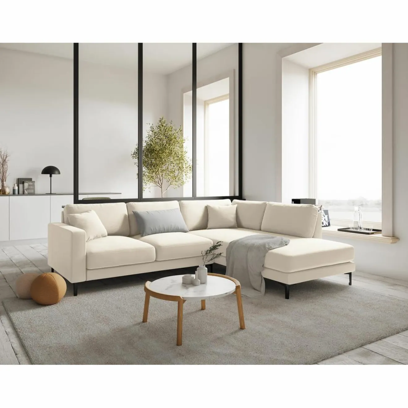 Mazzini Sofas Canapé d'angle Droit Velours Venus 5 Places beige clair - 254x185x90 cm