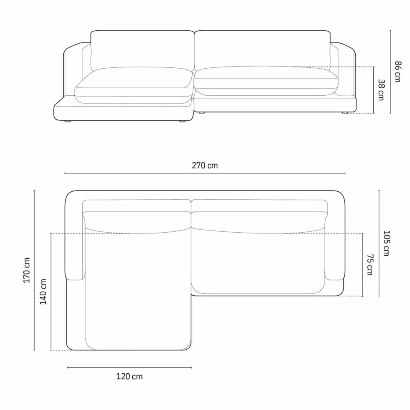 Mazzini Sofas Canapé d'angle Gauche Daphne 4 Places Gris chaud - 270x170x86 cm