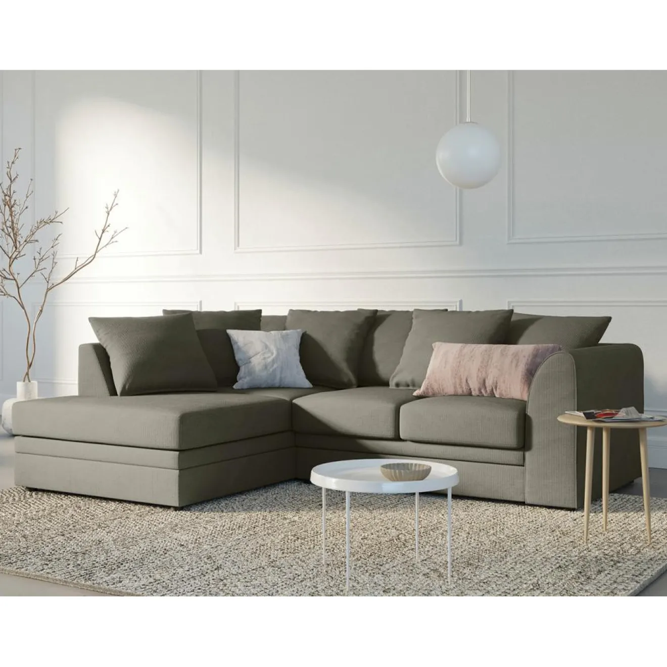 Mazzini Sofas Canapé d'angle Gauche Quince Velours côtelé 4 Places gris clair - 221x171x80 cm