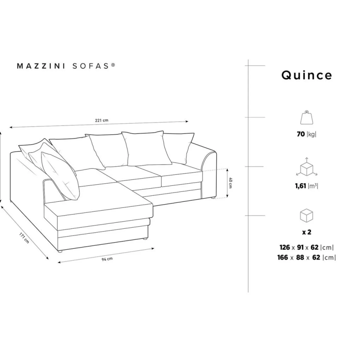Mazzini Sofas Canapé d'angle gauche Quince 4 Places gris foncé - 221x171x80 cm