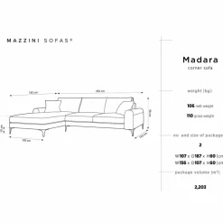 Mazzini Sofas Canapé d'angle gauche velours madara gris - 254x182x90 cm