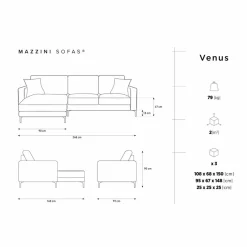 Mazzini Sofas Canapé d'angle Gauche Velours Venus 4 Places beige clair - 248x160x90 cm