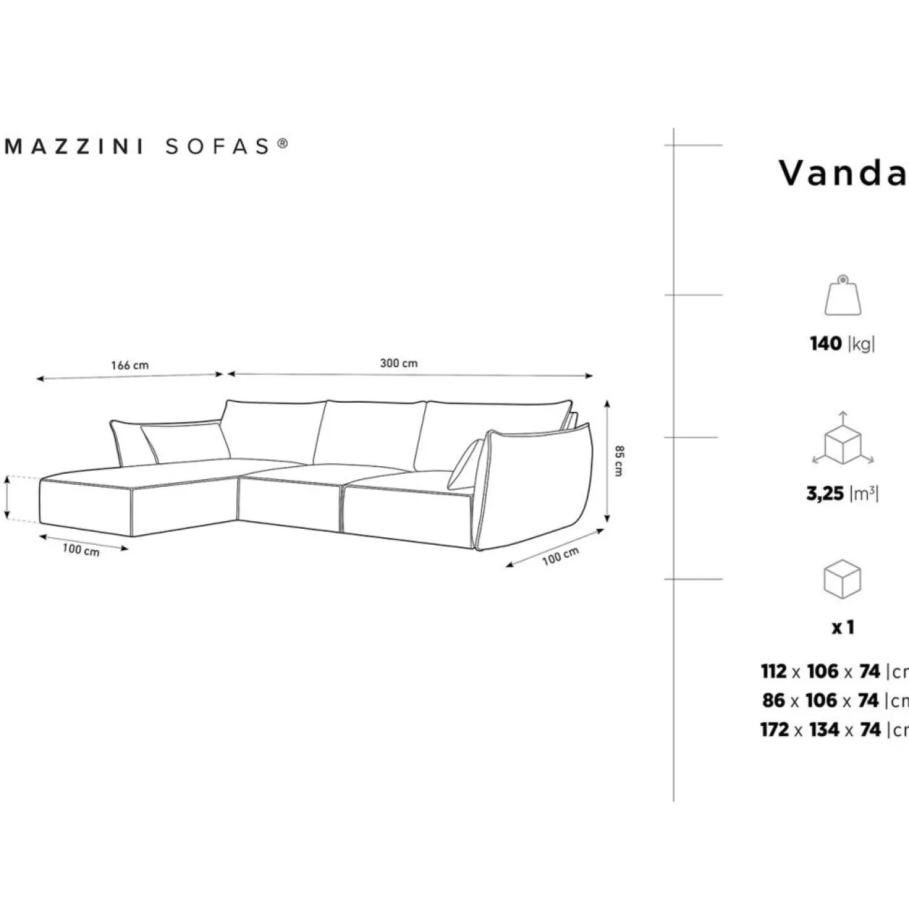 Best Mazzini Sofas Canapé d'angle gauche Velours Vanda 4 Places noir - 300x166x85 cm
