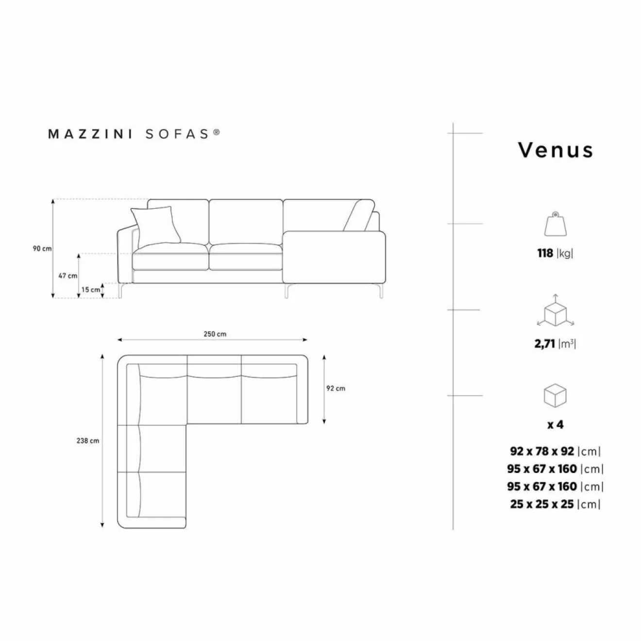 Mazzini Sofas Canapé d'angle Symétrique Venus 5 Places beige - 250x238x90 cm
