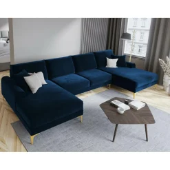 Mazzini Sofas Canapé Panoramique Velvet 6 places Madara bleu roi - 334x182x90 cm